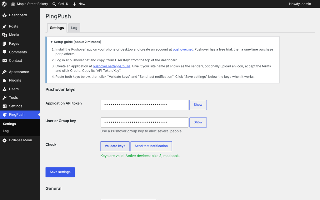 Setup guide and Pushover keys, with one-click validation and a test button
